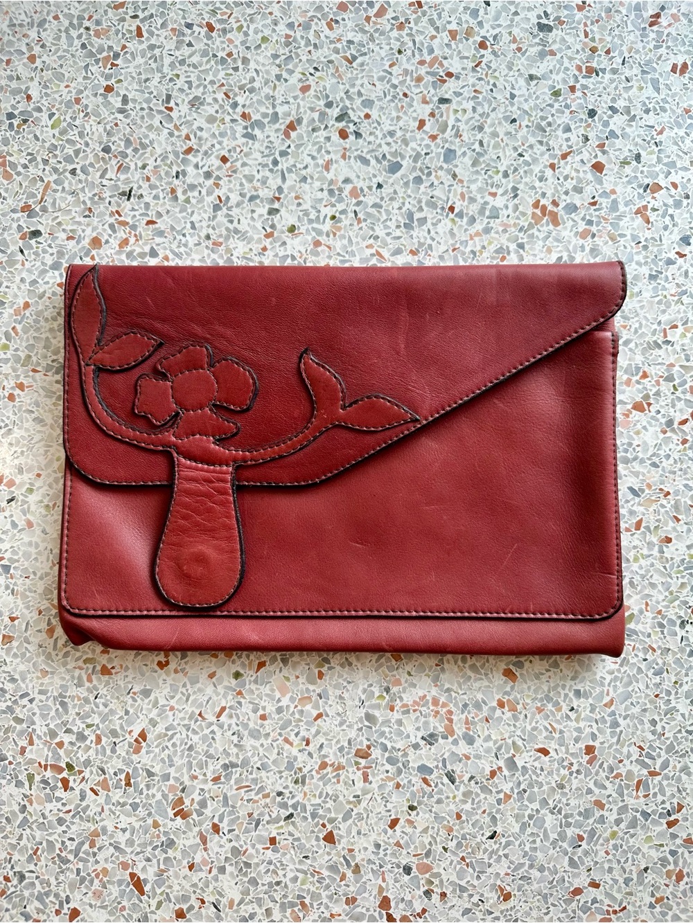 Vintage Leather Envelope Clutch — Floral Applique